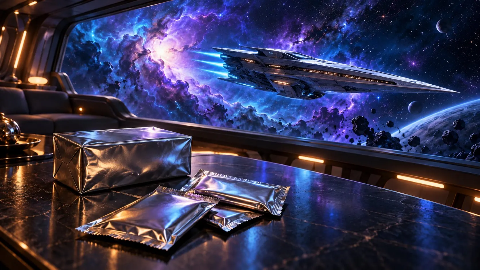 Sealed booster packs and a foil-wrapped card box on a starship lounge table, with a starship passing a nebula outside the window